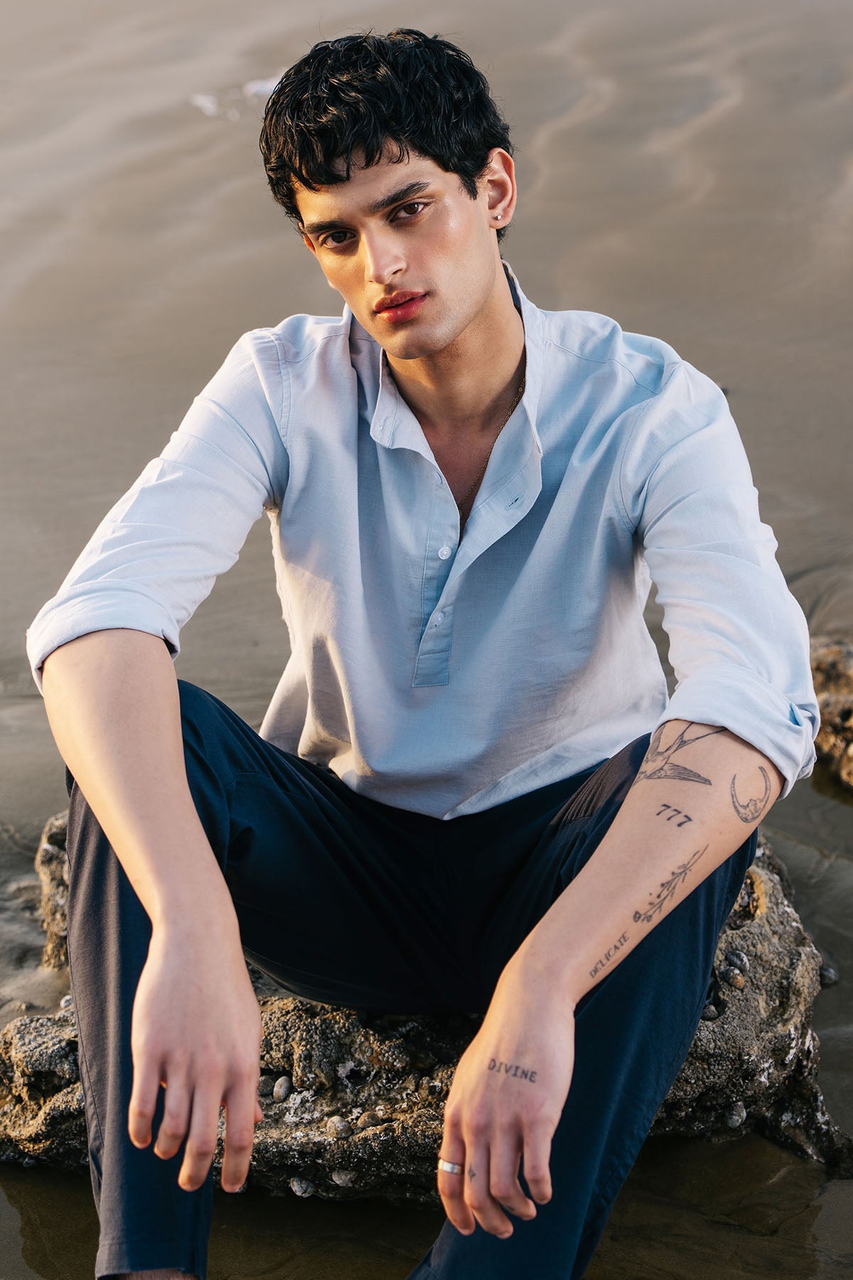 BAND COLLAR LINEN SHIRT