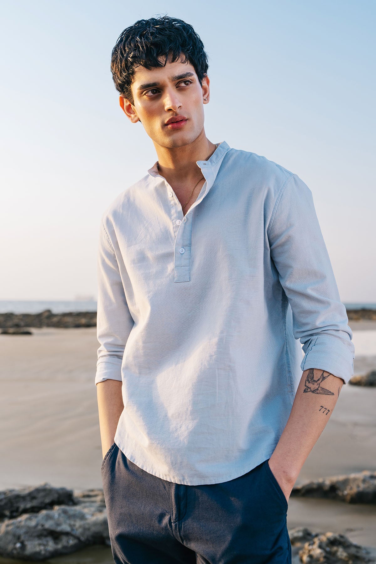 BAND COLLAR LINEN SHIRT