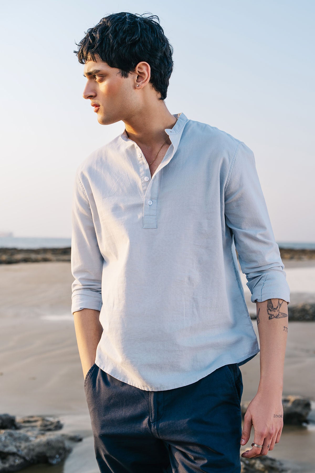 BAND COLLAR LINEN SHIRT