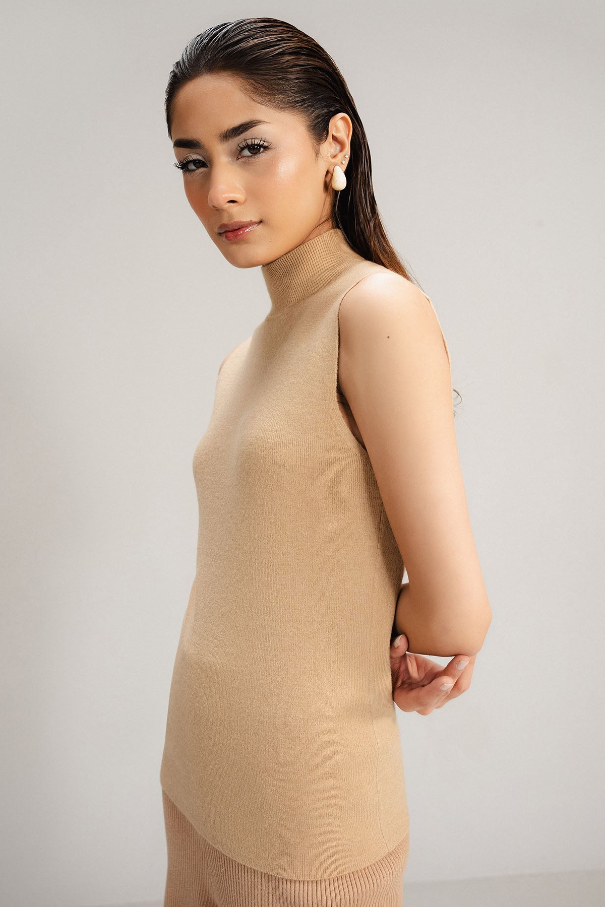 TAN MOCK NECK SWEATER - KNIT WEAR