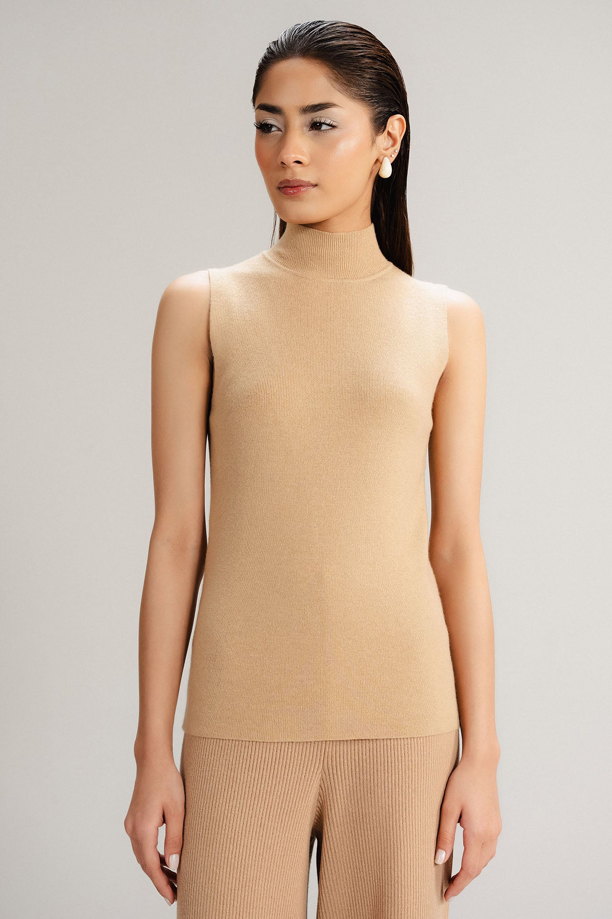 TAN MOCK NECK SWEATER - KNIT WEAR