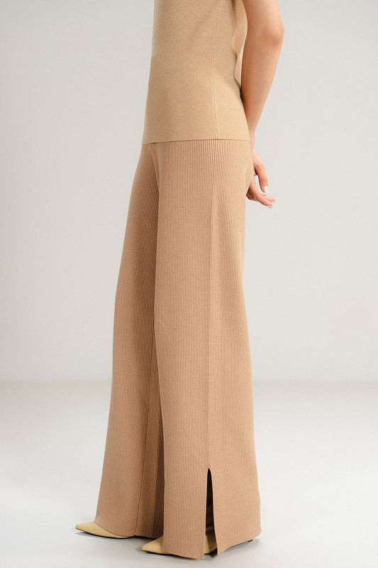 BEIGE WIDE PANTS - KNIT WEAR