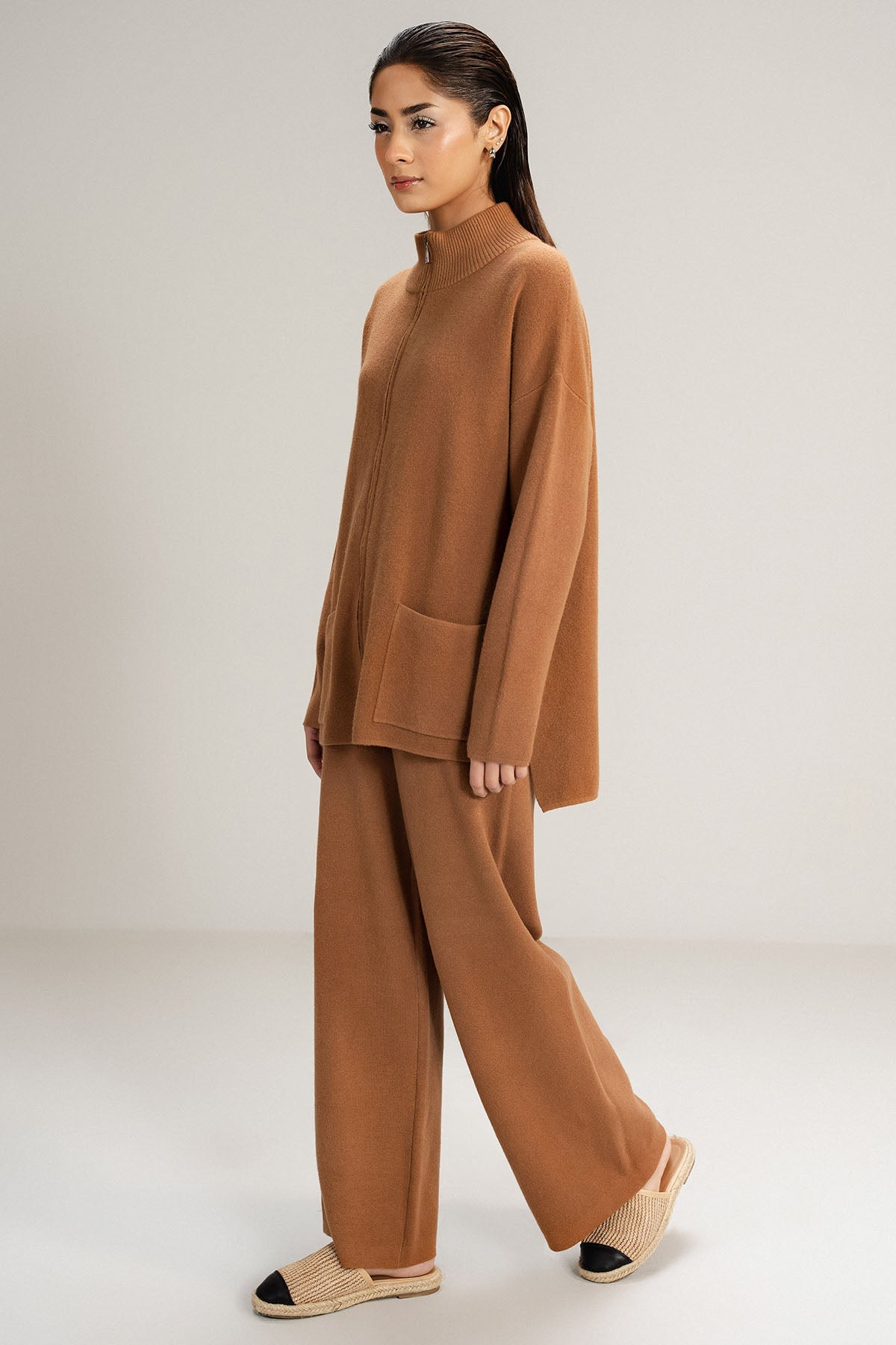 TAN ZIP CO-ORD SET - KNIT WEAR