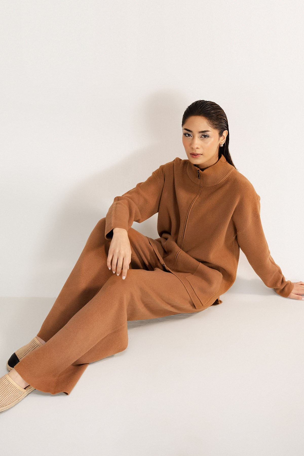 TAN ZIP CO-ORD SET - KNIT WEAR