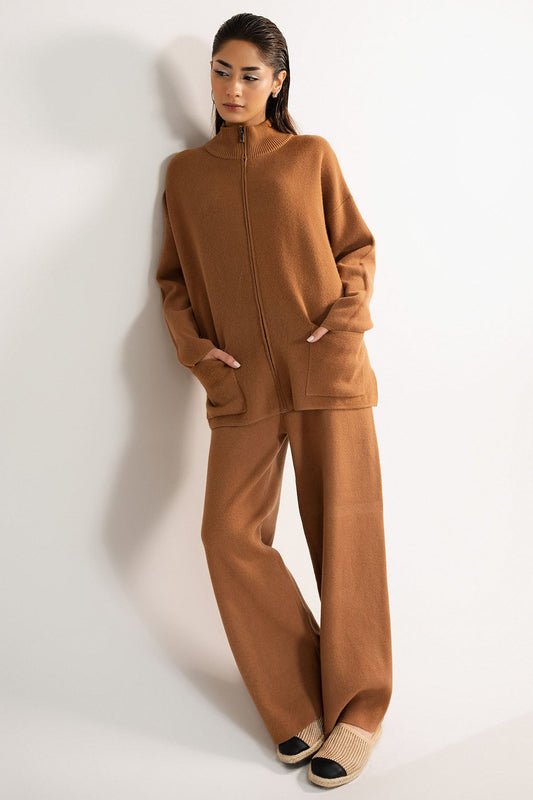 TAN ZIP CO-ORD SET - KNIT WEAR